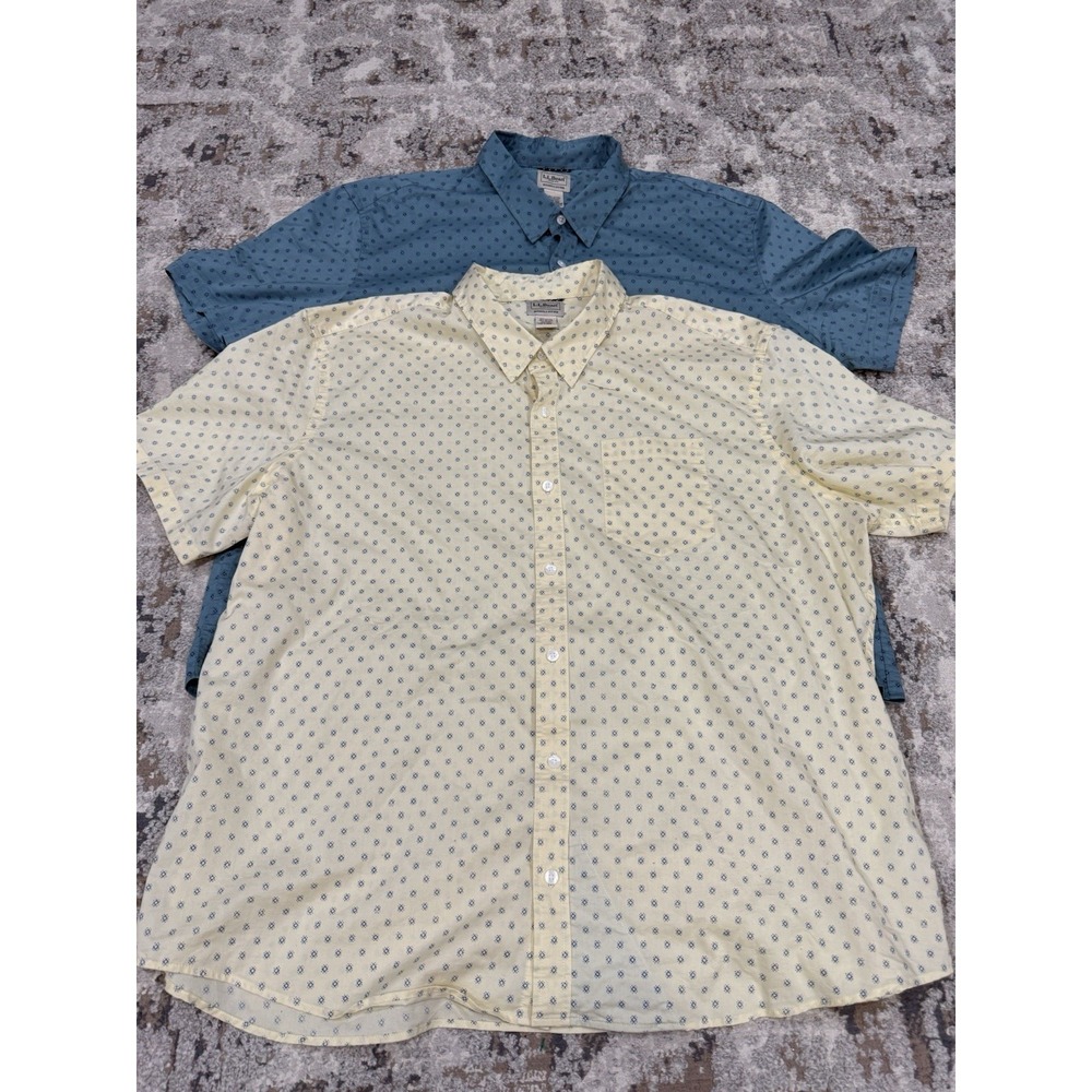 2-LL Bean Button Down Shirt Mens 2XL Blue Yellow All Over Slightly Fitted Short